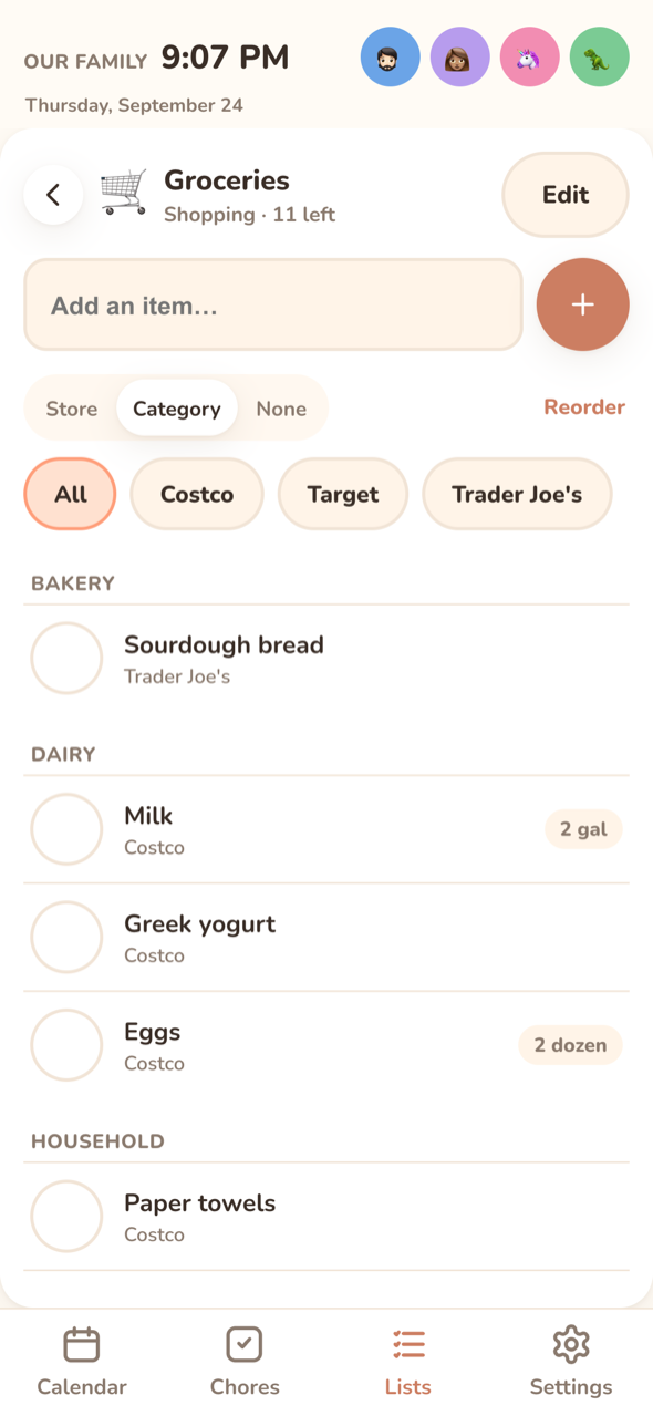 Shopping list grouped by category on a phone